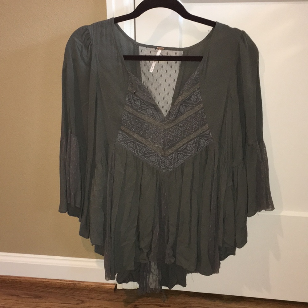 Free People Sage Green 3/4 Sleeve Blouse